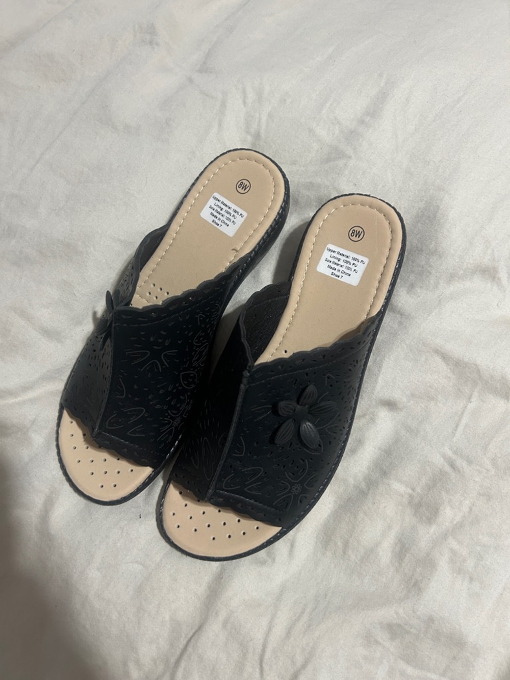 Women's Black Slip-On Floral Slide Sandals